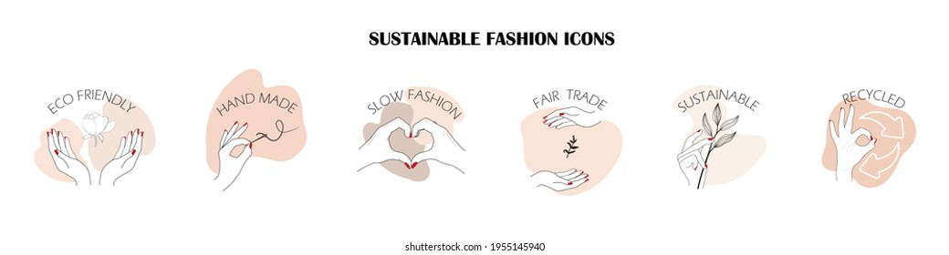 sustainable textile, slow fashion icons and symbols. concept of recycling, up cycling, reuse, hand made, slow fashion, fair trade, responsible materials, eco friendly fabric clothing.