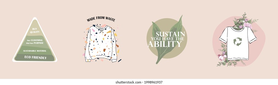 sustainable textile, slow fashion icons and symbols. concept of recycling, up cycling, reuse, hand made, slow fashion, fair trade, responsible materials, made from waste, eco friendly fabric clothing