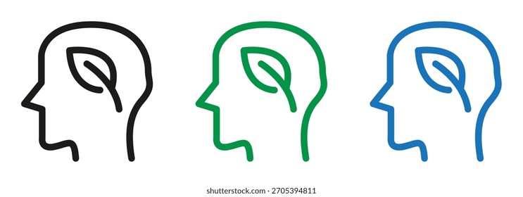 Concepto de pensamiento sostenible con iconos de cabeza humana y hojas en negro, verde y azul para soluciones ecológicas y conciencia ambiental