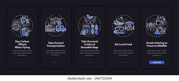 Sustainable tour tips onboarding mobile app page screen with concepts. Carbon offsets walkthrough 5 steps graphic instructions. UI, UX, GUI vector template with linear night mode illustrations