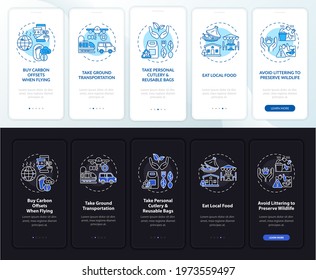 Sustainable tour tips onboarding mobile app page screen with concepts. Carbon offsets walkthrough 5 steps graphic instructions. UI, UX, GUI vector template with linear night and day mode illustrations