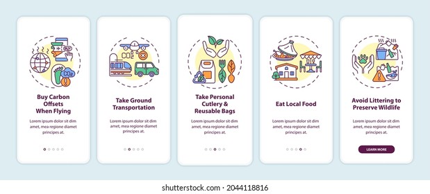 Sustainable tour tips onboarding mobile app page screen with concepts. Carbon offsets when flying walkthrough 5 steps graphic instructions. UI, UX, GUI vector template with linear color illustrations