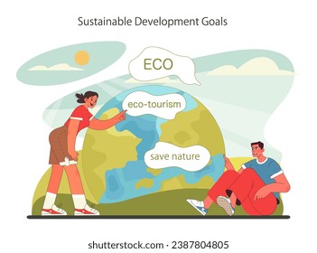 Sustainable tourism. Sustainable development goals. Ecotourism, eco-friendly recreation. Responsible, low-impact and green travel in local community. Flat vector illustration