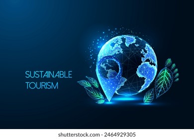 Sustainable tourism, eco-friendly travel futuristic concept with planet Earth, location pin, green footprint on dark blue background. Glowing low polygonal style. Modern abstract vector illustration.