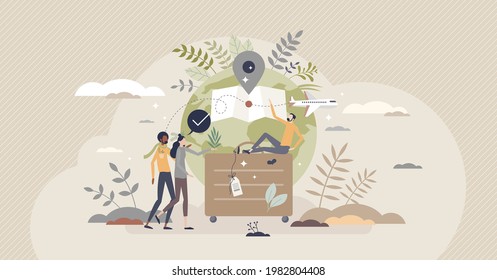 Sustainable tourism with ecological responsible travel tiny person concept. Environmental friendly transportation choice for holidays and vacation vector illustration. Eco journey and ecotourism scene
