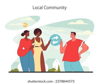 Sustainable tourism. Ecotourism, eco-friendly recreation. Responsible, low-impact and green travel in local community. Flat vector illustration