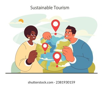 Sustainable tourism. Ecotourism, eco-friendly recreation. Responsible, low-impact and green travel in local community. Flat vector illustration