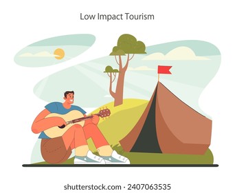 Sustainable tourism. Ecotourism, eco-friendly recreation. Responsible, low-impact and green travel in local community. Flat vector illustration