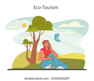Sustainable tourism. Ecotourism, eco-friendly recreation. Responsible, low-impact and green travel in local community. Flat vector illustration