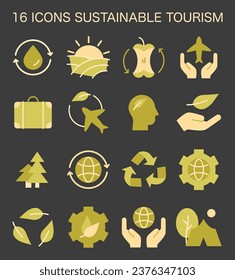 Sustainable tourism icons dark or night mode set. Symbols of ecotourism, eco-friendly recreation. Responsible, low-impact and green travel in local community. Flat vector illustration