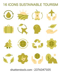 Sustainable tourism icons set. Symbols of ecotourism, eco-friendly recreation. Responsible, low-impact and green travel in local community. Flat vector illustration