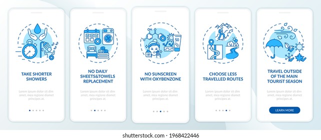 Sustainable tourism ideas onboarding mobile app page screen with concepts. Daily towel replacement walkthrough 5 steps graphic instructions. UI, UX, GUI vector template with linear color illustrations