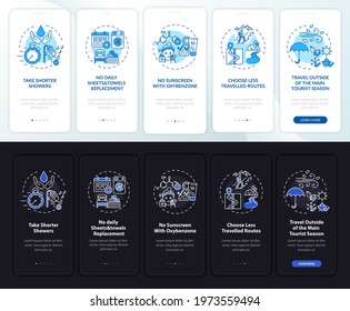 Sustainable tourism ideas onboarding mobile app page screen with concepts. Showers walkthrough 5 steps graphic instructions. UI, UX, GUI vector template with linear night and day mode illustrations
