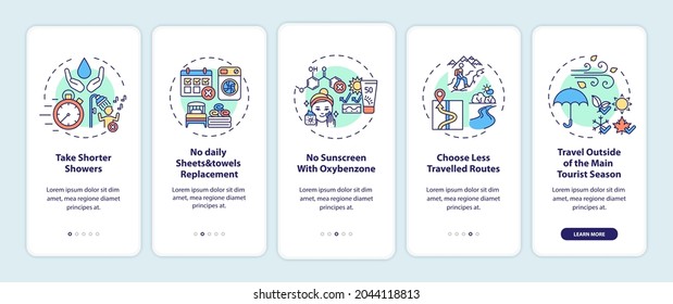 Sustainable tourism ideas onboarding mobile app page screen with concepts. Take shorter showers walkthrough 5 steps graphic instructions. UI, UX, GUI vector template with linear color illustrations