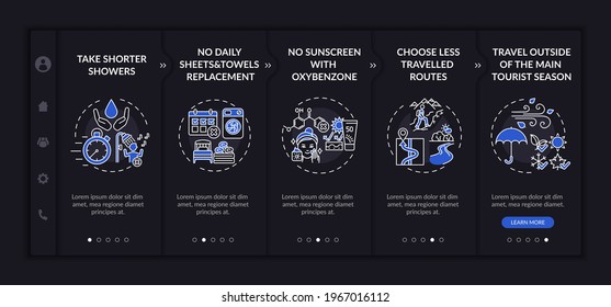 Sustainable tourism ideas onboarding vector template. Responsive mobile website with icons. Web page walkthrough 5 step screens. Take shorter showers color concept with linear illustrations