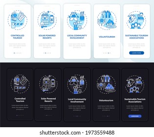 Sustainable tourism practice onboarding mobile app page screen with concepts. Tourism walkthrough 5 steps graphic instructions. UI, UX, GUI vector template with linear night and day mode illustrations