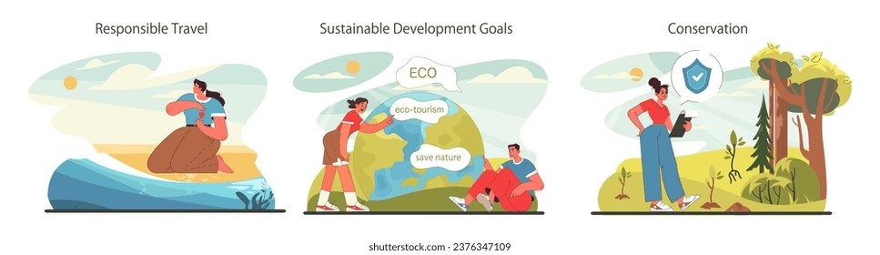 Sustainable tourism set. Ecotourism, eco-friendly recreation. Responsible, low-impact and green travel in local community. Flat vector illustration