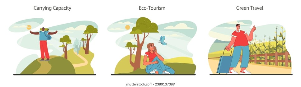Sustainable tourism set. Ecotourism, eco-friendly recreation. Responsible, low-impact and green travel in local community. Flat vector illustration