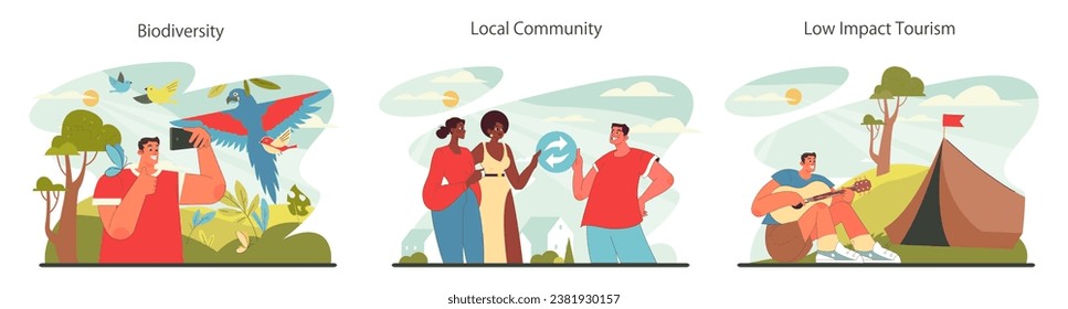 Sustainable tourism set. Ecotourism, eco-friendly recreation. Responsible, low-impact and green travel in local community. Flat vector illustration
