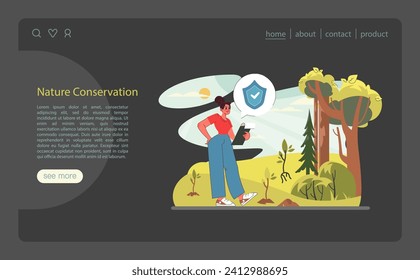 Sustainable tourism web banner or landing page dark or night mode. Ecotourism, eco-friendly recreation. Responsible, low-impact and green travel in local community. Flat vector illustration