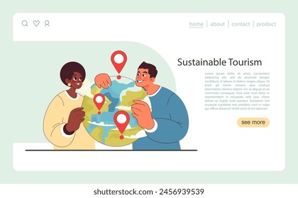 Sustainable tourism web banner or landing page. Ecotourism, eco-friendly recreation. Responsible, low-impact and green travel in local community. Flat vector illustration