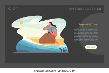 Sustainable tourism web banner or landing page dark or night mode. Ecotourism, eco-friendly recreation. Responsible, low-impact and green travel in local community. Flat vector illustration