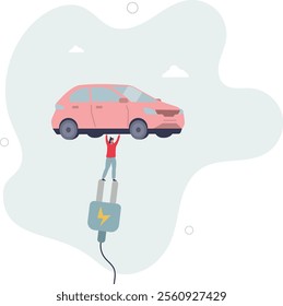 Sustainable transport concept .showing benefits of electric transportation.electric car and charging.flat characters.