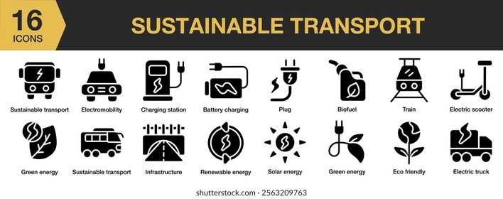 Sustainable Transport solid icon set. Includes Energy, Green, Leaf, Renewable, Ecofriendly, Eco Friendly, and More. Solid icons vector collection.