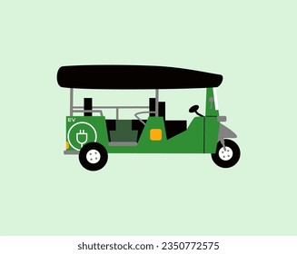 Sustainable transport vector illustration. Electric Tuktuk Thailand flat vector. Eco-friendly public transport. Electric rickshaw illustration.