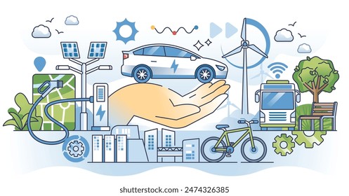 Sustainable transportation with alternative car power outline hands concept. Hybrid vehicles for environmental and nature friendly future vector illustration. Clean mobility options without emissions