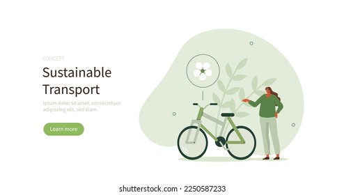 Sustainable transportation. Characters using environmental friendly mode of transport and standing near electric bike. Urban mobility and environmental conservation concept. Vector illustration.
