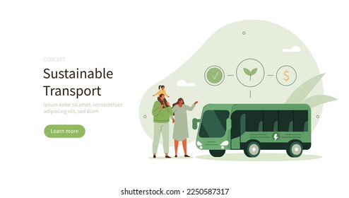 Sustainable transportation. Characters using environmental friendly mode of transport and standing near electric public bus. Urban mobility and environmental conservation concept. Vector illustration.