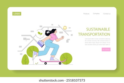 Sustainable Transportation concept. Eco-friendly commute with a person riding a skateboard. Promoting green mobility and urban ecology. Vector illustration.