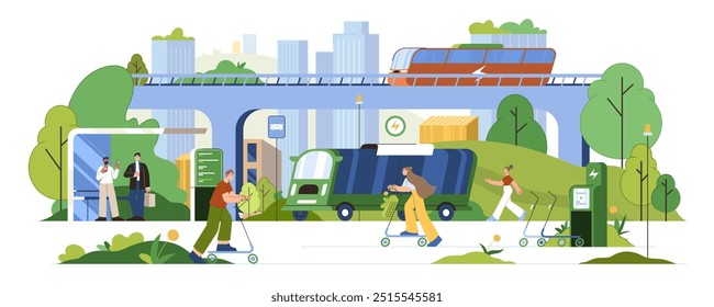 Sustainable transportation concept. Flat people use electric bus, eco friendly or ecological modes of public transport. Characters rent kick scooters, walk and lead active lifestyle in modern city.