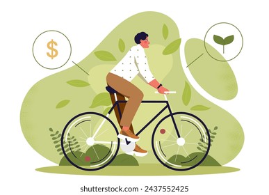 Sustainable transportation concept. Man at bicycle on nature. Young guy with eco friendly transport. Care about ecology and environment. Cartoon flat vector illustration isolated on white background