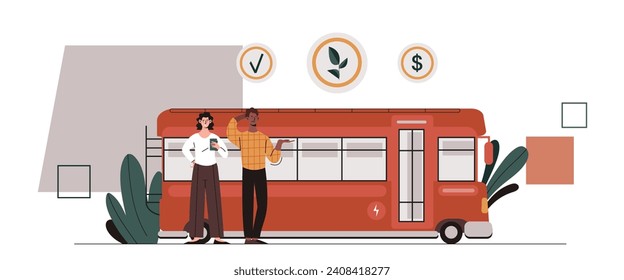 Sustainable transportation concept. Man and woman near red bus. Eco friendly transport. Care about ecology and environment, nature. Cartoon flat vector illustration isolated on white background