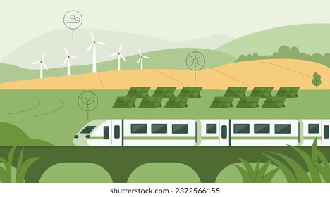 Sustainable transportation concept. Trian passing through fields with solar panels and wind turbines. Rail transport sustainability. Vector illustration