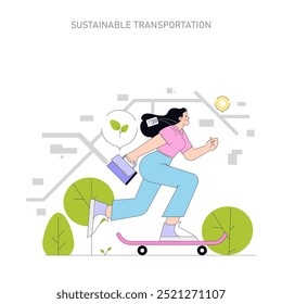 Sustainable transportation concept. Woman on skateboard promotes eco-friendly travel in urban setting. Low carbon footprint commuting. Vector illustration.