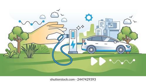 Sustainable transportation and electric vehicles usage outline hands concept. EV as environmental and nature friendly alternative with zero CO2 emissions vector illustration. Ecological hybrid auto.