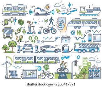 Conjunto de conjunto de esquematización de tipo de energía ambiental o transporte sostenible. Elementos con vehículos eléctricos verdes, aviación y transporte público como ilustración vectorial alternativa inteligente.