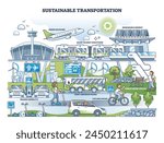 Sustainable transportation with green public transport usage outline concept. Ecological aviation, zero emission buses and shared mobility vehicles vector illustration. Environmental mass transit.