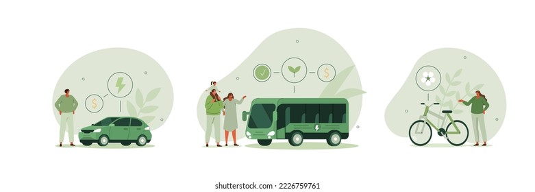 Sustainable transportation illustration set  Characters standing near private electric car  e  bike   public bus  Environmental friendly transport concept  Vector illustration 