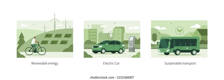 Sustainable transportation illustration set. Private electric vehicle near charging station, e-bike and public transport in modern city. Eco friendly vehicle concept. Vector illustration.
