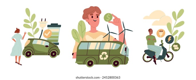 Transporte sostenible. Conjunto de ilustraciones con vehículos respetuosos con el medio ambiente. Hombres y mujeres al lado de un coche eléctrico y un autobús público. Colección de Vector plana de dibujos animados aislada sobre fondo blanco