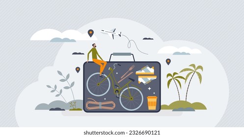 Sustainable travel with environmental transport choice tiny person concept. Ecological and nature friendly approach for vacation and holiday vector illustration. Eco recreation with responsible trip.