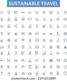 Sustainable travel outline icons collection. Eco-tourism, Responsible, Ecotourism, Conserve, Climate-friendly, Renewable, Sustainable vector illustration set. Reduce, Carbon-offsetting, Renew line