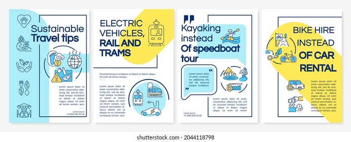 Sustainable travel tips brochure template. Electric transport. Flyer, booklet, leaflet print, cover design with linear icons. Vector layouts for presentation, annual reports, advertisement pages