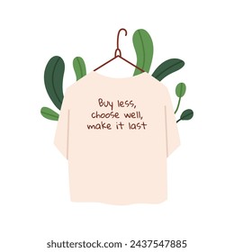 Sustainable tshirt with green leaves. Buy less or slow fashion concept. Flat vector illustration isolated on white background.
