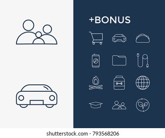 Sustainable and universal icon line set with flame, material and family. Environment related universal icon vector items for web UI logo design.