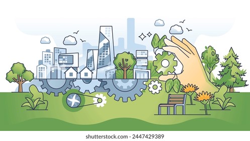 Sustainable urban community with effective eco balance outline hands concept. City with economic development while protecting green areas and biodiversity vector illustration. Environmental care.